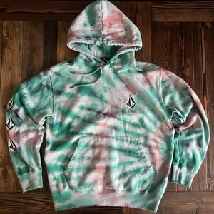 VOLCOM • Iconic Stone Grey & Teal Tie Dye Hoodie logo skatecore surf comfortwear